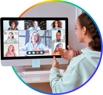 A student speaking to their teacher and classmates via video chat.